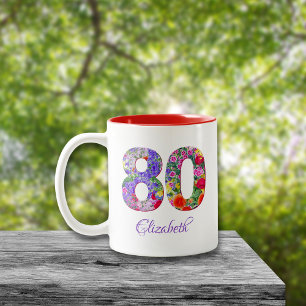 80th birthday floral colourful name mug