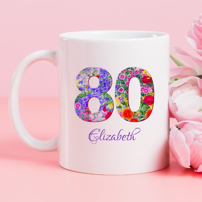 80th birthday floral colourful name mug (Creator Uploaded)