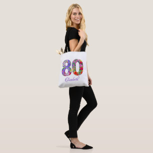 80th birthday floral colourful name tote bag
