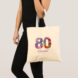 80th birthday floral colourful name tote bag
