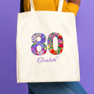 80th birthday floral colourful name tote bag