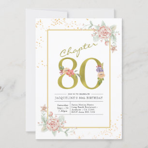 80th Birthday Floral Gold Script Invitation