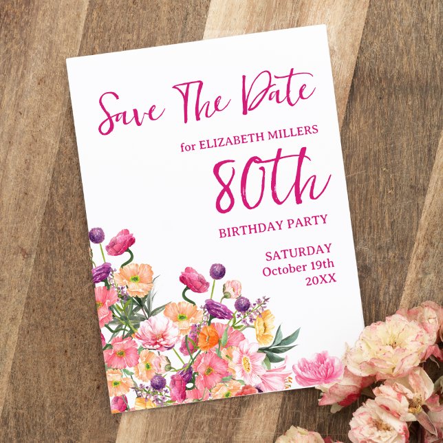 80th birthday floral modern Save The Date postcard (Creator Uploaded)