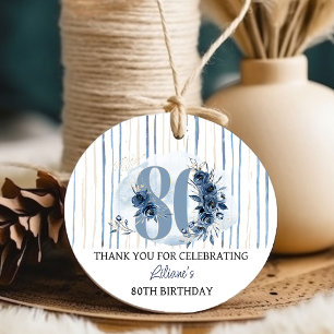 80th Birthday Floral Number Coastal Blue Party Favour Tags