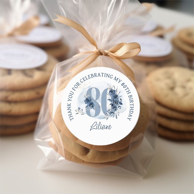 80th Birthday Floral Number Coastal Blue Thank You Classic Round Sticker (80th Birthday stickers from my Floral Number Milestone Birthday Collection)