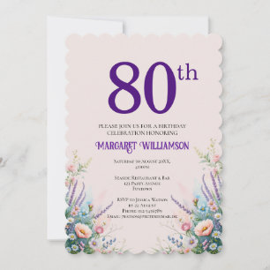 80th Birthday Floral Pink and Purple Invitation