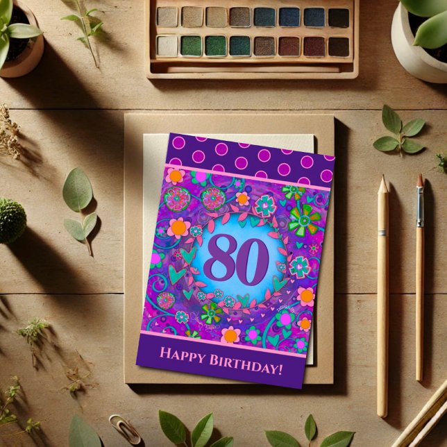 80th Birthday Floral Pink Green Inspirivity Card (Creator Uploaded)