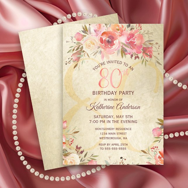 80th Birthday Floral Pink Roses Gold Shimmer Party Invitation (Elegant 80th birthday Party Invitation with pink rose floral and gold shimmer)