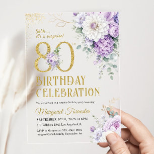 80th Birthday Floral Purple Gold Glitter Surprise Acrylic Invitations