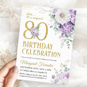 80th Birthday Floral Purple Gold Glitter Surprise Invitation