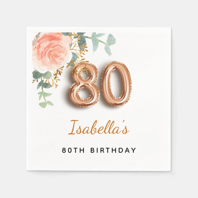 80th birthday floral rose gold eucalyptus monogram napkin (Front)