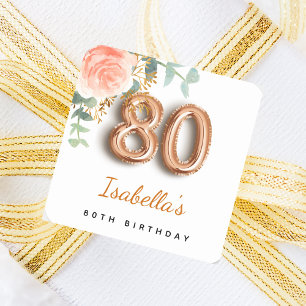 80th birthday floral rose gold eucalyptus monogram square sticker
