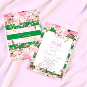 80th Birthday Floral Rose Green Pink Stripe  Invitation