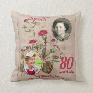 80th Birthday Floral Vintage Photo Cushion