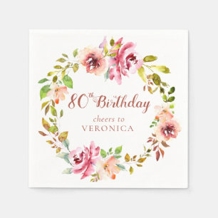 80th Birthday Floral Wreath Paper Napkin