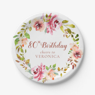 80th Birthday Floral Wreath  Paper Plate