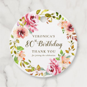 80th Birthday Floral Wreath Thank You Favour Tags