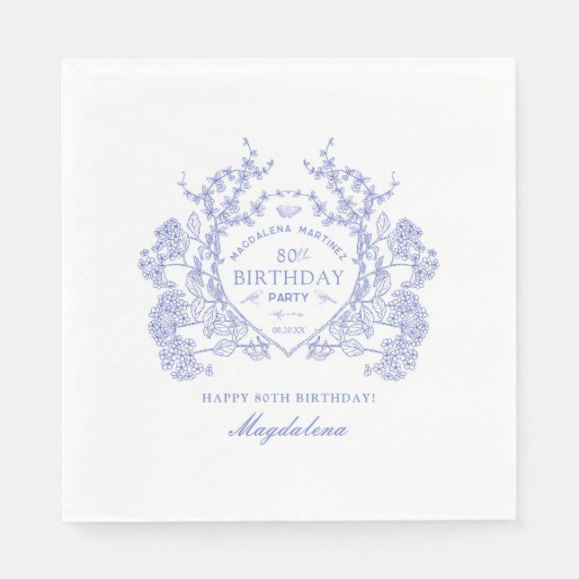 80th Birthday French Blue Floral Crest Custom Napkin (Front)