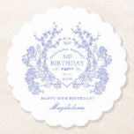 80th Birthday French Blue Floral Crest Custom Paper Coaster<br><div class="desc">An elegant French vintage blue floral crest takes centre stage on this timeless custom paper coaster. Ornate,  formal and very feminine will make any birthday lady feel very special. Coordinating party supplies are available.</div>