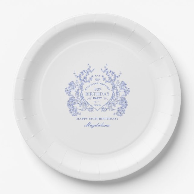 80th Birthday French Blue Floral Crest Custom Paper Plate (Front)