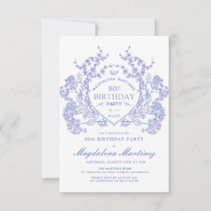 80th Birthday French Vintage Blue Floral Crest Invitation