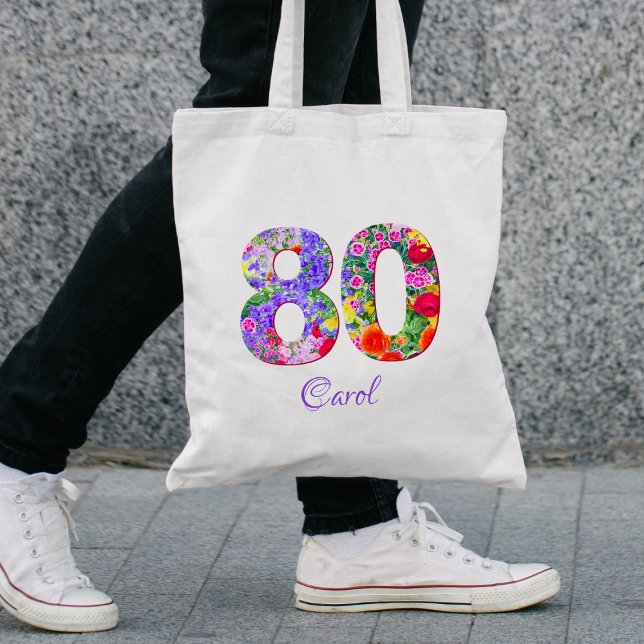 80th Birthday Friend Gift – Floral Name 80 Years Tote Bag (Creator Uploaded)