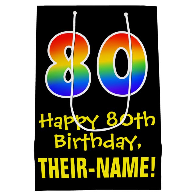 80th Birthday: Fun, Bold, Colourful, Rainbow "80" Medium Gift Bag (Back)
