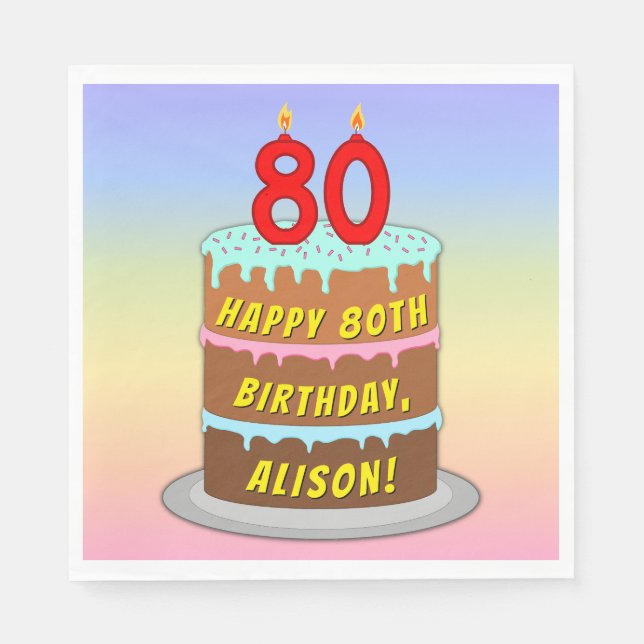 80th Birthday: Fun Cake and Candles + Custom Name Napkin (Front)