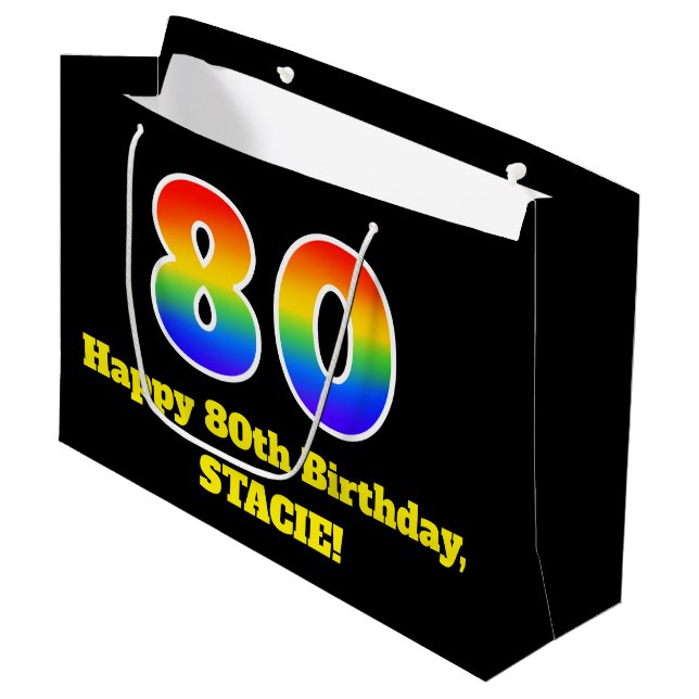 80th Birthday ~ Fun, Colourful, Vibrant, Rainbow 8 Large Gift Bag (Front Angled)