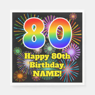 80th Birthday: Fun Fireworks Pattern + Rainbow 80 Napkin