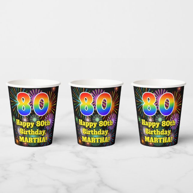 80th Birthday: Fun Fireworks Pattern + Rainbow 80 Paper Cups (Multi)