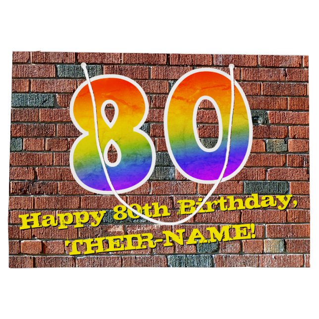 80th Birthday: Fun, Graffiti-Inspired Rainbow # 80 Large Gift Bag (Back)