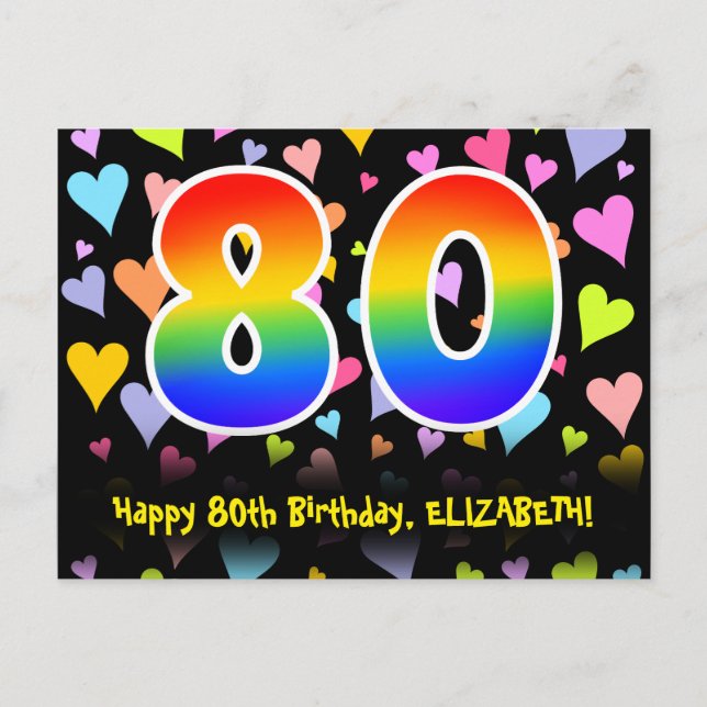 80th Birthday: Fun Hearts Pattern, Rainbow 80 Postcard (Front)
