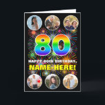 80th Birthday: Fun Rainbow #, Custom Name & Photos Card<br><div class="desc">The front of this joyful and fun birthday greeting card design features the number “80“ with a vibrant multicolored rainbow spectrum inspired gradient pattern, along with the message “HAPPY 80th BIRTHDAY, ” and a custom name, on a pattern inspired by bursting multicolored fireworks. Near the top and the bottom of...</div>