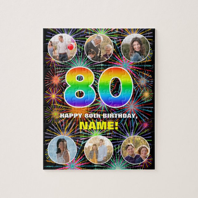 80th Birthday: Fun Rainbow #, Custom Name + Photos Jigsaw Puzzle (Vertical)