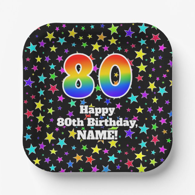 80th Birthday: Fun Stars Pattern and Rainbow “80” Paper Plate (Front)