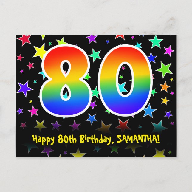 80th Birthday: Fun Stars Pattern, Rainbow 80, Name Postcard (Front)