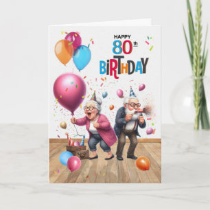 80th Birthday Funny Old Man and Woman Balloons Card