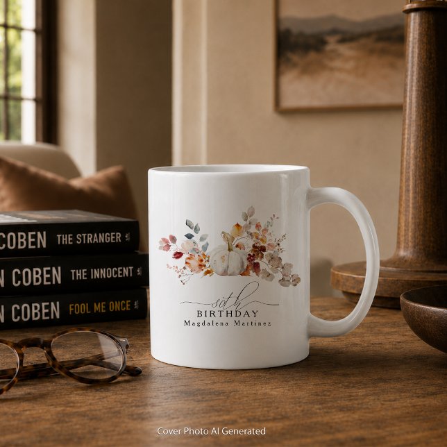 80th Birthday Gift White Pumpkin Fall Flowers Coffee Mug (Creator Uploaded)