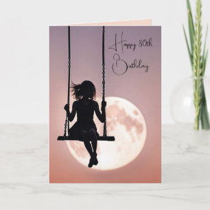 80th Birthday Girl On Swing With Moon Card