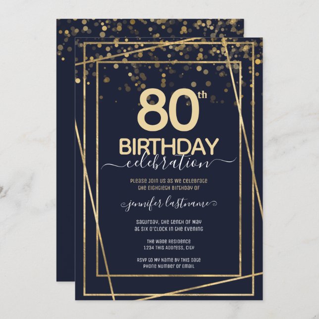 80th Birthday Gold and Blue Invitation (Front/Back)
