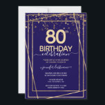 80th Birthday Gold and Blue Invitation<br><div class="desc">Elegant Faux gold border with shimmering confetti highlights on the top border. All text is adjustable and easy to change for your own party needs. Great elegant 80th birthday template design.</div>