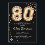80th Birthday - Gold Balloons Black Invitation<br><div class="desc">80th birthday party invitation. Elegant design in faux glitter gold and black. Invite card features gold number 80 balloons and script font. Perfect for a stylish bday celebration. Message me if you need custom age.</div>