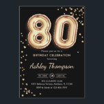 80th Birthday - Gold Balloons Black Invitation<br><div class="desc">80th birthday party invitation. Elegant design in faux glitter gold and black. Invite card features gold number 80 balloons and script font. Perfect for a stylish bday celebration. Message me if you need custom age.</div>