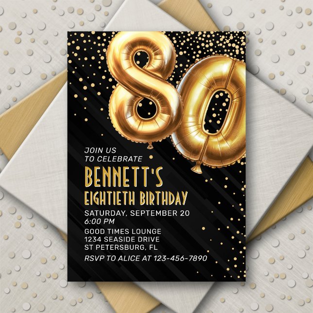 80th Birthday Gold Black Invitation (Creator Uploaded)