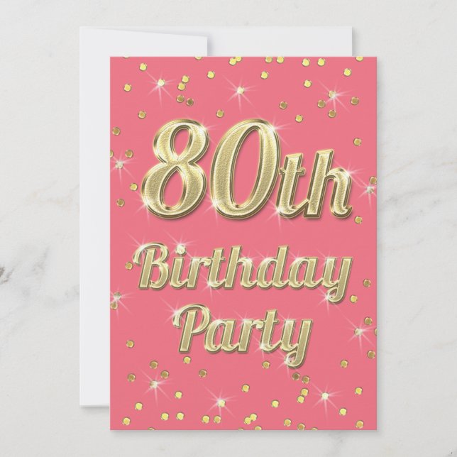 80th Birthday Gold Bling Typography Confetti Pink Invitation (Front)