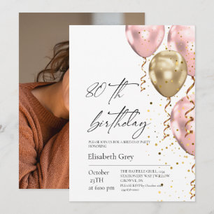 80th Birthday Gold Blush Pink Balloons Modern Invitation