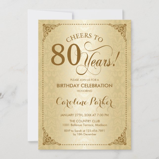 80th Birthday - Gold Damask Invitation (Front)