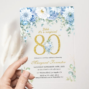 80th Birthday Gold Dusty Blue Floral Surprise Acrylic Invitations