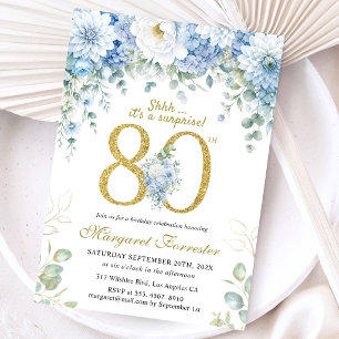 80th Birthday Gold Dusty Blue Floral Surprise Invitation
